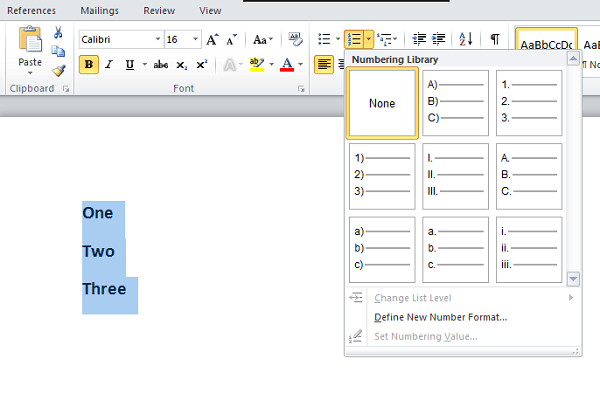 Customize Numbered list in word click arrow - Bullets and Numbering