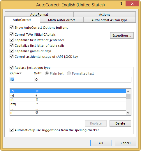 autocorrect - How to use Auto Correct option in MS Word 2013