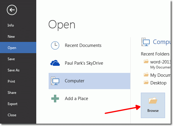 open browse - Working with MS Word 2013