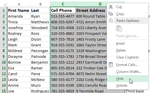 mod column hide select - Insert, delete, move, and hide or UN hide Rows and Columns in MS Excel