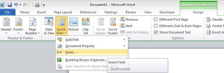 quick field - Page Number to Header and Footer in MS Word 2013